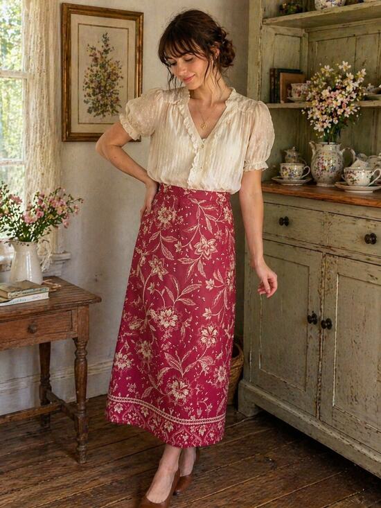 Talbots Dresses & Skirts - Talbots Petites Skirt 10 Berry Red Floral Midi Cotton Zip Boho Cottage Classic